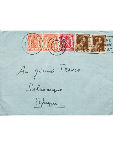 Guerra Civil. Bando Nacional. Sobre . 1937. 5 cts naranja, dos sellos, 25 cts carmín y 70 cts castaño, dos sellos. LIEJA (BELG