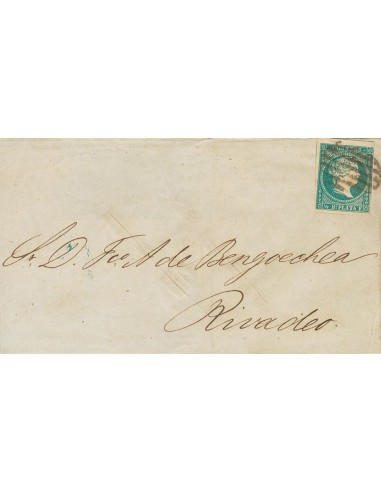 Cuba. Sobre Yv Ant. 7. 1858. ½ real azul. LA HABANA a RIVADEO. Matasello PARRILLA, aplicado a la llegada. MAGNIFICA Y MUY RARA