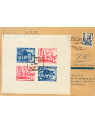 Guerra Civil. Locales. Sobre . 1937. 5 cts azul+5 cts rosa y 5 cts verde+5 cts castaño, hojas bloque EPILA (ZARAGOZA). Certifi