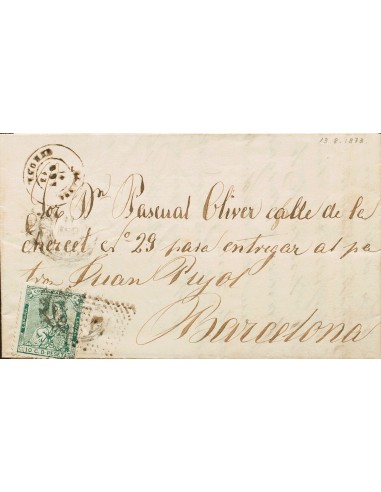 Cataluña. Historia Postal. Sobre 133. 1873. 10 cts verde BLANES a BARCELONA. En el frente fechador BLANES / GERONA. Ex-Tizón.