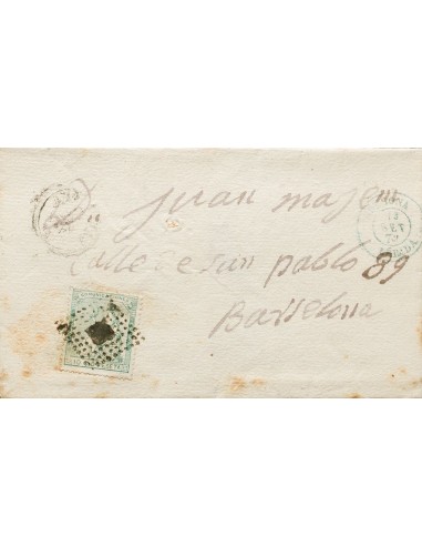 Cataluña. Historia Postal. Sobre 133. 1873. 10 cts verde. SOLSONA a BARCELONA. En el frente fechador SOLSONA / LERIDA, en azul
