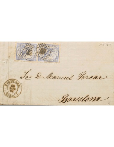 Cataluña. Historia Postal. Sobre 145(2). 1874. 10 cts ultramar, dos sellos. FIGUERAS a BARCELONA. En el frente fechador FIGUER