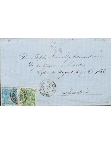Cataluña. Historia Postal. Sobre 164, 154. 1876. 10 cts azul y 5 cts verde. SABADELL a MADRID. Matasello SABADELL / BARCELONA.