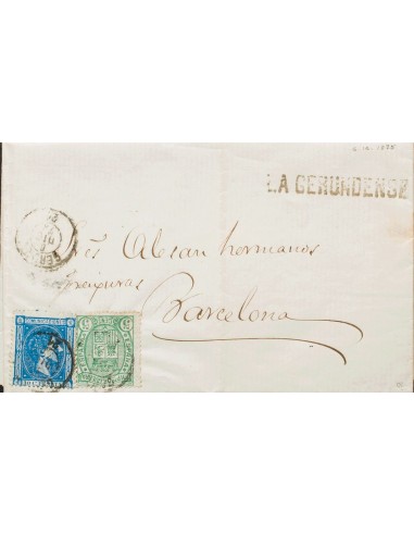 Cataluña. Historia Postal. Sobre 164, 154. 1875. 10 cts azul y 5 cts verde. GERONA a BARCELONA. Matasello GERONA / (26). MAGNI