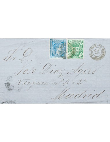 Cataluña. Historia Postal. Sobre 164, 154. 1876. 10 cts azul (doblez de archivo) y 5 cts verde. PALAMOS a MADRID. Matasello PA