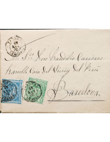 Cataluña. Historia Postal. Sobre 164, 154. 1876. 10 cts azul y 5 cts verde. GUARDIA DE URGELL a BARCELONA. Matasello TARREGA /
