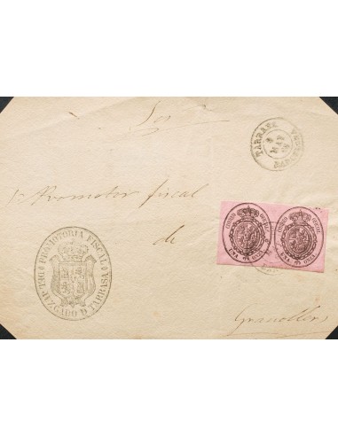 Cataluña. Historia Postal. Sobre 36(2). 1868. 1 onza negro sobre rosa, pareja. Frente de Plica Judicial de TARRASA a GRANOLLER