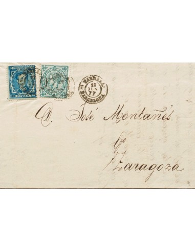 Cataluña. Historia Postal. Sobre 175, 183. 1877. 10 cts azul y 5 cts verde. TARRASA a ZARAGOZA. Matasello TARRASA / ZARAGOZA.