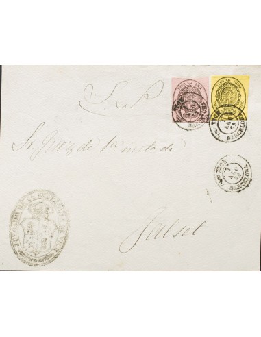 Cataluña. Historia Postal. Sobre 35, 36. 1862. ½ onza negro sobre amarillo y 1 onza negro sobre rosa. Frente de Plica de VICH