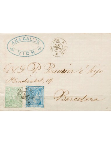 Cataluña. Historia Postal. Sobre 164, 154. 1876. 10 cts azul y 5 cts verde (doblez de archivo). VICH a BARCELONA. Matasello es