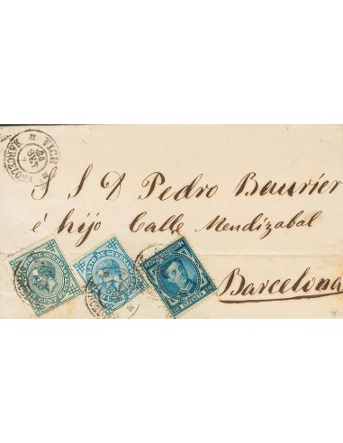 Cataluña. Historia Postal. Sobre 175, 183, 184. 1877. 10 cts azul, 5 cts verde y 10 cts azul (leve pliegue de archivo). VICH a