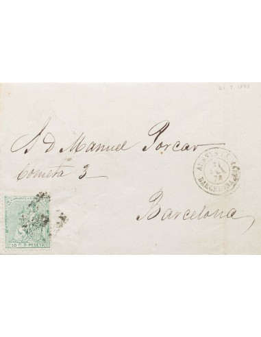 Cataluña. Historia Postal. Sobre 133. 1873. 10 cts verde. ARENYS DE MAR a BARCELONA. En el frente fechador ARENYS DE MAR / BAR