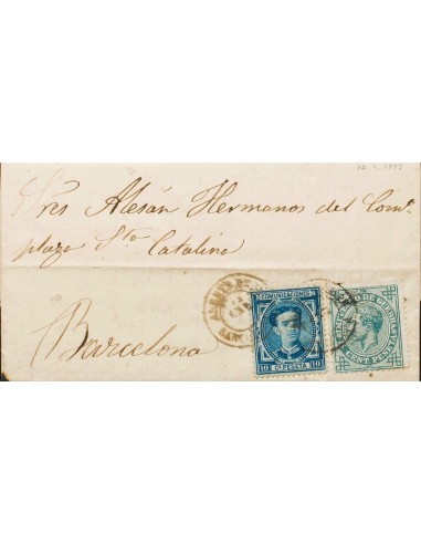Cataluña. Historia Postal. Sobre 175, 183. 1877. 10 cts azul y 5 cts verde. ARENYS DE MAR a BARCELONA. Matasello ARENYS DE MAR