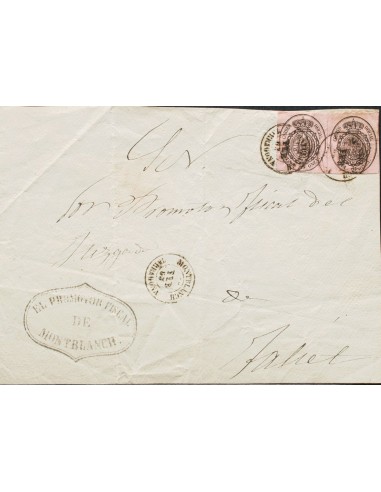 Cataluña. Historia Postal. Sobre 36(2). 1863. 1 onza negro sobre amarillo, dos sellos. Frente de Plica Judicial de MONTBLANCH