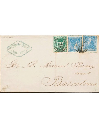 Cataluña. Historia Postal. Sobre 164(2). 1875. 10 cts azul, dos sellos y 5 cts verde. TORTOSA a BARCELONA. Matasello TORTOSA /