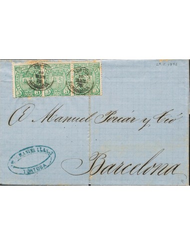 Cataluña. Historia Postal. Sobre 154(3). 1876. 5 cts verde, tres sellos (uno con doblez de archivo). TORTOSA a BARCELONA. Mata