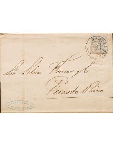 Cataluña. Historia Postal. Sobre 204. 1881. 25 cts gris (doblez de archivo). BARCELONA a SAN JUAN (PUERTO RICO). Transportada