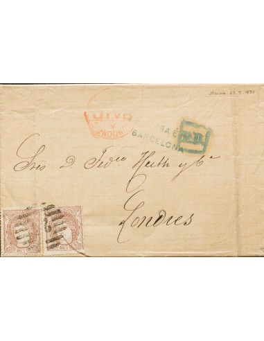 Cataluña. Historia Postal. Sobre 109(2). 1872. 200 mils castaño, dos sellos. BARCELONA a LONDRES (GRAN BRETAÑA). Doble porte.