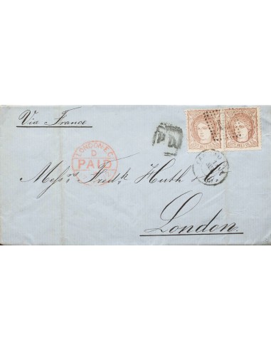 Cataluña. Historia Postal. Sobre 109(2). 1872. 200 mils castaño, dos sellos. BARCELONA a LONDRES (GRAN BRETAÑA). Doble porte.