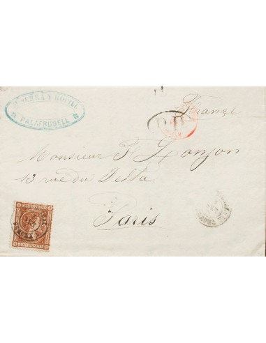 Cataluña. Historia Postal. Sobre 167. 1875. 40 cts castaño. PALAFRUGELL a PARIS (FRANCIA). Matasello LA BISBAL / GERONA. MAGNI