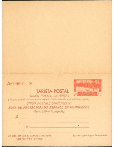 Marruecos. Entero Postal. (*)EP25. 1935. 30 cts+30 cts rojo sobre Tarjeta Entero Postal, de ida y vuelta. MAGNIFICA.