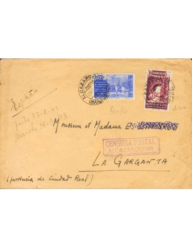 Marruecos. Sobre 240. 1943. 40 cts lila castaño y 10 cts ultramar de Beneficencia. ALCAZARQUIVIR a LA GARGANTA (CIUDAD REAL).