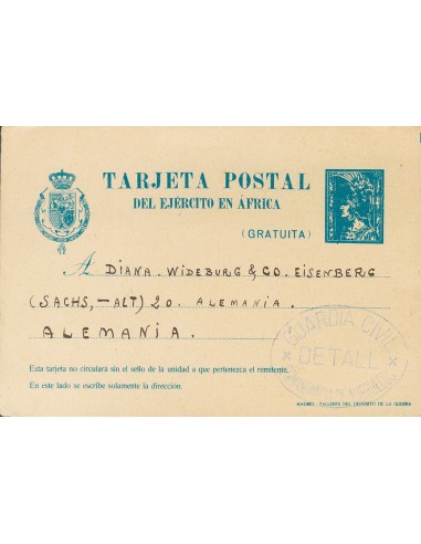 Marruecos. Sobre EP2A. 1923. Sin valor, azul sobre Tarjeta Entero Postal del Ejército de Africa de TETUAN a ALEMANIA. En el fr
