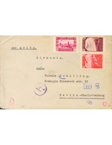 Marruecos. Sobre 188, 190, 194. 1954. 25 cts rojo, 50 cts rosa lila y 2 pts violeta castaño. TANGER a BERLIN (ALEMANIA). Al do