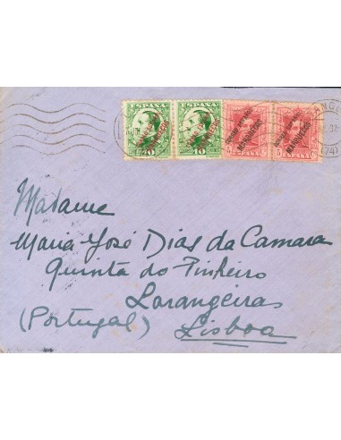Tánger. Sobre 64(2), 19(2). 1932. 10 cts verde, dos sellos y 5 cts rosa, dos sellos. TANGER a LARANJEIRA (PORTUGAL). Al dorso
