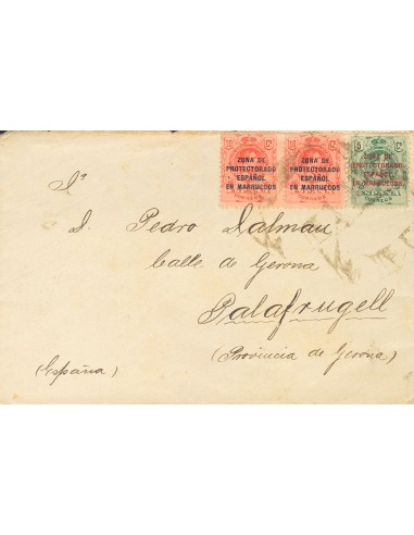 Marruecos. Sobre 59, 60(2). 1928. 5 cts verde y 10 cts rojo, dos sellos. KANDUSSI (MELILLA) a PALAFRUGELL. Al dorso llegada. M