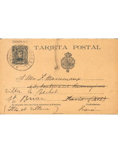 Marruecos. Sobre EP38v. 1910. 15 cts pizarra sobre Tarjeta Entero Postal (de vuelta) de CEUTA a PARIS (FRANCIA), reexpedida a