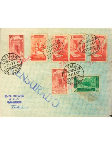 Tánger. Sobre CN1, CN20(2). 1937. 1 cts rojo, tres sellos, 2 cts verde, 20 cts rojo y 5 cts sobre 25 cts rojo, dos sellos, tod
