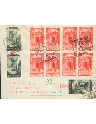 Tánger. Sobre CN5(3), CN164(8). 1936. 20 cts verde gris, tres sellos y 5 cts sobre 25 cts rojo, ocho sellos, todos los valores