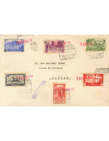 Tánger. Sobre CN18/22. 1937. Serie completa y 0´25+2´00 sobre 25 cts rojo (tonalizado), todos los valores con la marca TANGER