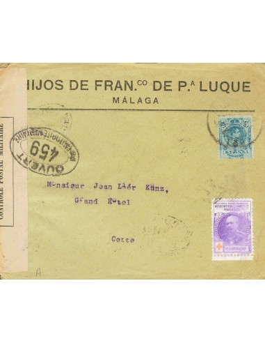 Guerra Civil. Viñeta. Sobre 274. 1917. 25 cts azul y viñeta de la Cruz Roja Francesa ASSOCIATION DES DAMES FRANCAISES. MALAGA