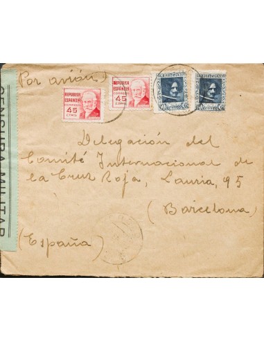 Guerra Civil. Bando Republicano. Sobre 737(2), 738(2). 1939. 45 cts carmín, dos sellos y 50 cts azul, dos sellos. MERCADAL a B