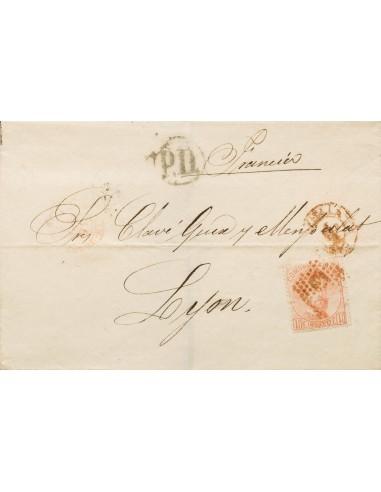 Andalucía. Historia Postal. Sobre 125. 1873. 40 cts castaño. SEVILLA a LYON (FRANCIA). Matasello ROMBO DE PUNTOS, en rojo. MAG