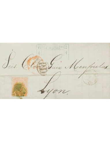 Andalucía. Historia Postal. Sobre 125. 1872. 40 cts castaño. SEVILLA a LYON (FRANCIA). Matasello ROMBO DE PUNTOS, en verde. MA