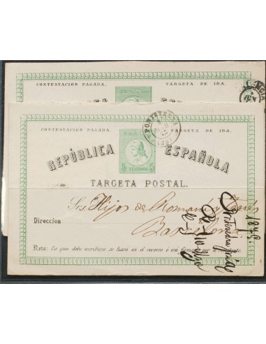 Entero Postal. Sobre EP6Ai. 1875. 5 cts verde (Tipo II) sobre Tarjeta Entero Postal (de ida) de PONTEVEDRA a BARCELONA (doblez
