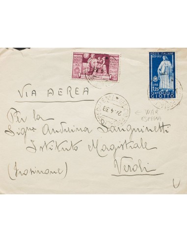 Guerra Civil. Voluntario Italiano. Sobre . 1938. 1´25 liras azul y 25 cts violeta de Italia. Dirigida a VEROLI (ITALIA). Matas