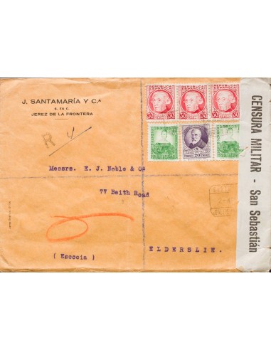 República Española Correo Certificado. Sobre 682(2), 687(3), 666. 1938. 10 cts verde, dos sellos, 30 cts carmín, tres sellos y