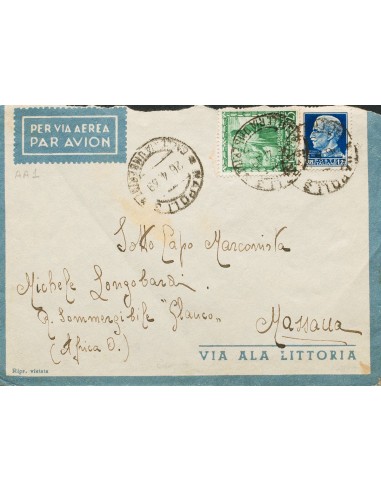 Guerra Civil. Voluntario Italiano. Sobre Yv . 1939. 25 l verde y 1´25 l azul. NAPOLES a MASAWA (ERITREA). Dirigida al Radiotel