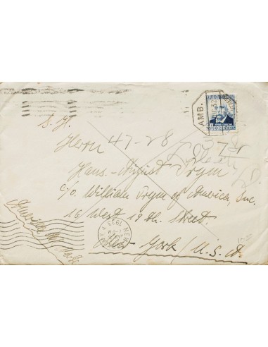 Ambulante. Historia Postal. Sobre 670. 1932. 40 cts azul. Carta (con texto) de MALAGA a NUEVA YORK (U.S.A.). Matasello AMB. /