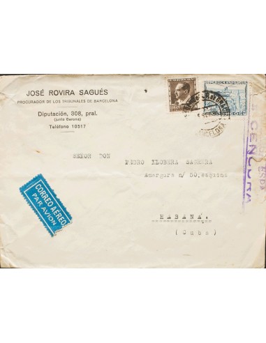 República Española Correo Aéreo. Sobre 689, 681. 1936. 2 pts azul y 5 cts castaño negro. BARCELONA a LA HABANA. Al dorso llega