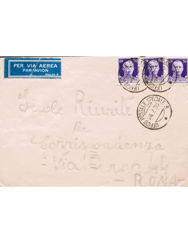 Guerra Civil. Voluntario Italiano. Sobre Yv . 1938. 50 cts violeta de Italia, tres sellos. Dirigida a ROMA (ITALIA). Matasello