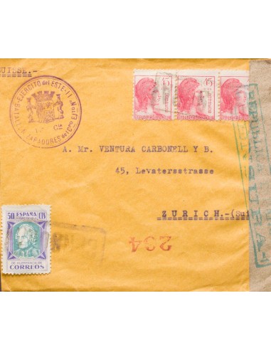 Guerra Civil. Bando Republicano Correo Certificado. Sobre 752(3). (1938ca). 45 cts rosa, tres sellos y 50 cts violeta y azul v