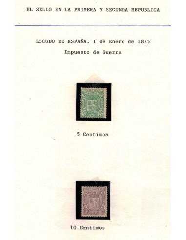 1875. Valores de la emisión de 1 de enero. Escudo de España. Sellos de Impuesto de Guerra