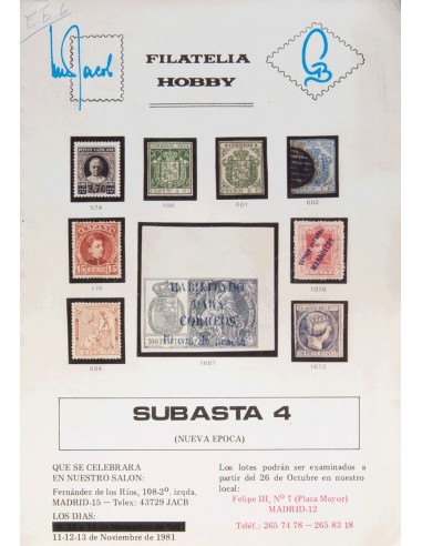Bibliografía. 1981. Catálogo de subasta de Filatelia organizada por Hobby del 11 al 13 de Noviembre de 1981 (Nº4). Madrid, 198