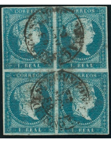 La Rioja. Filatelia. º41(4). 1855. 1 real azul, bloque de cuatro. Matasello STO DOMINGO DE LA C. (Tipo I) / LOGROÑO. MAGNIFICO
