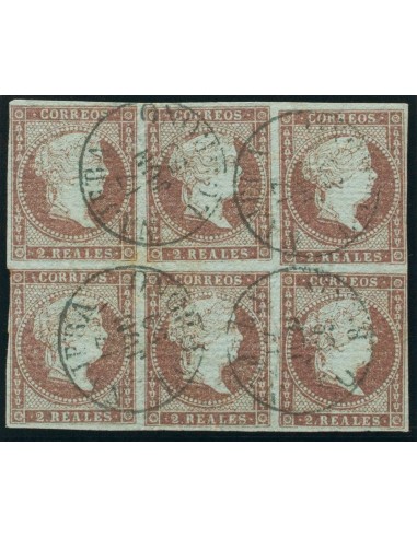 La Rioja. Filatelia. º42(6). 1855. 2 reales violeta, bloque de seis (un sello margen justo). Matasello NAJERA / LOGROÑO (Tipo